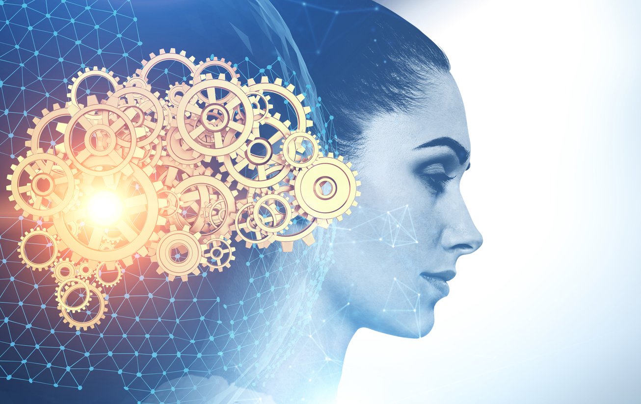 Beautiful woman, AI brain and internet